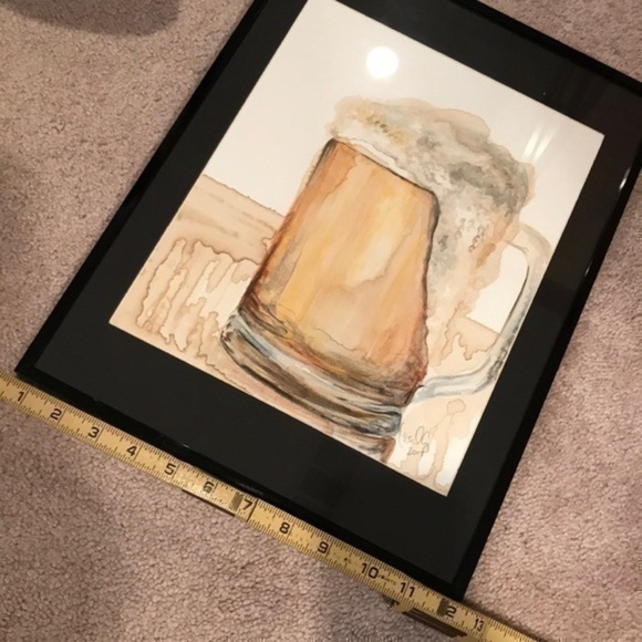 Framed original art mug of beer painted WITH beer and ink in 12x16” frame - Picture 7 of 8
